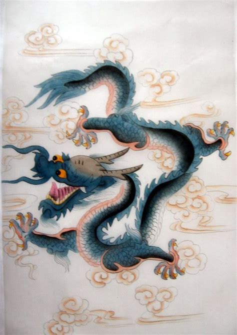 Feng Shui Chinese Blue Dragon Silk Painting Chinese Artwork Silk