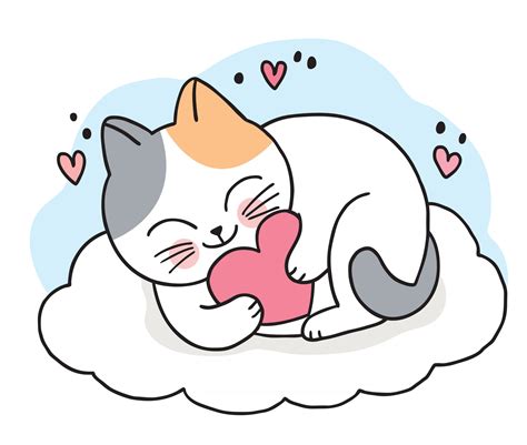 Dibujos Animados Lindo Gato Y Gran Corazón En El Vector De La Nube