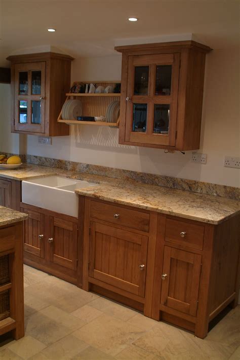 Solid Oak Kitchen And Glazed Wall Cupboards With Double Belfast Sink