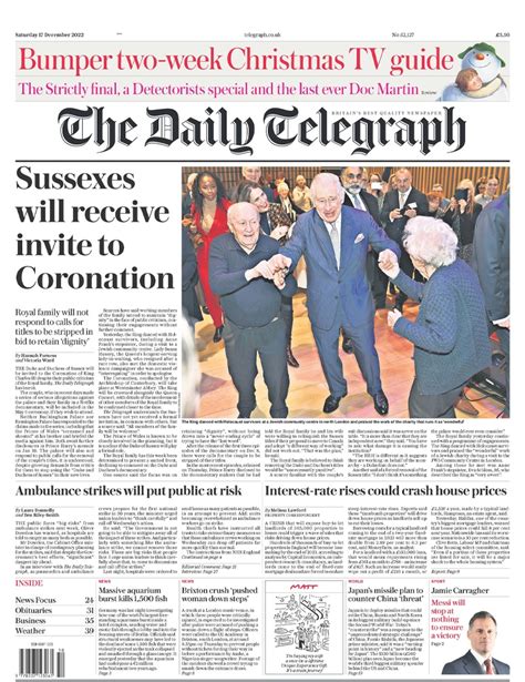Daily Telegraph Front Page 17th Of December 2022 Tomorrow S Papers Today