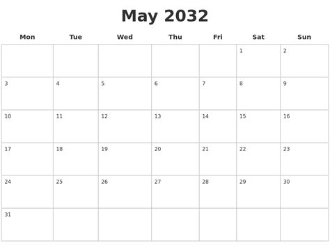 May 2032 Blank Calendar Pages
