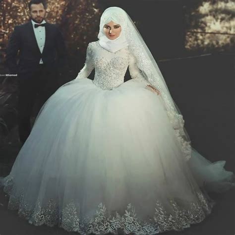 Princess Islamic Wedding Dress Vestido De Noiva Ball Gown Long Sleeve Muslim Wedding Dress Lace