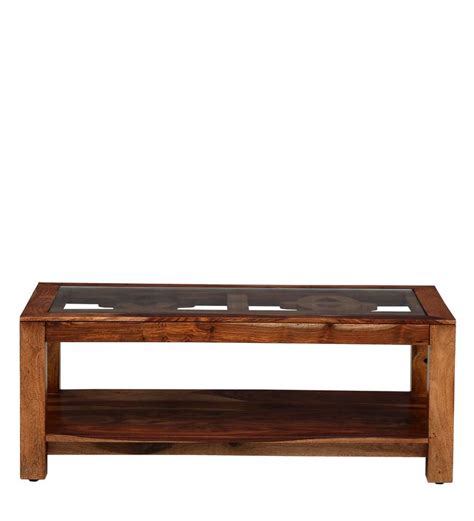 Buy Mckaine Solid Wood Coffee Table With Glass Top In Rustic Teak Finish By Woodsworth Online
