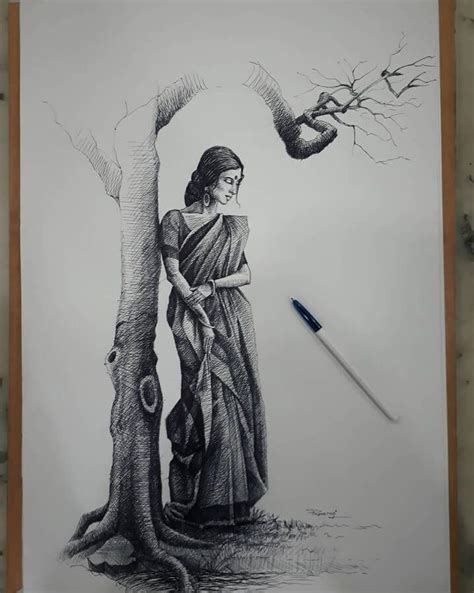 A Pencil Drawing Of A Woman Standing Next To A Tree With A Bird Perched