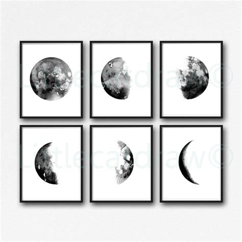 Moon Print Set Of 6 Phases Decor Bedroom Watercolor Painting Etsy