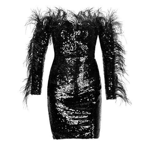 2018 New Arrival Black Slash Neck Sequin Dress Solid Long Sleeve Tassel Off The Shoulder Women