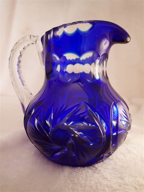Cobalt Blue Cut To Clear Vase Pitcher Bohemian Czech Heavy