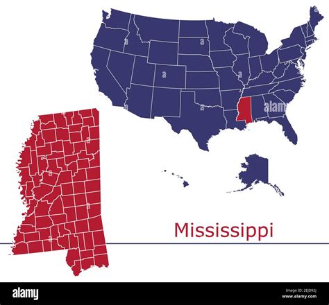 mapa vectorial de los condados de mississippi con mapa de ee uu colores nacionales bandera