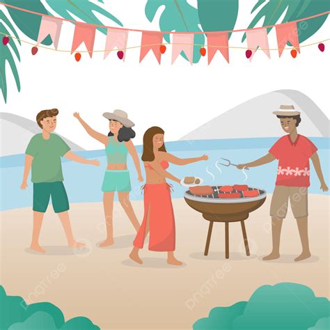 Bbq Picnic Vector Art Png Two Couples Picnic On The Beach And Grill