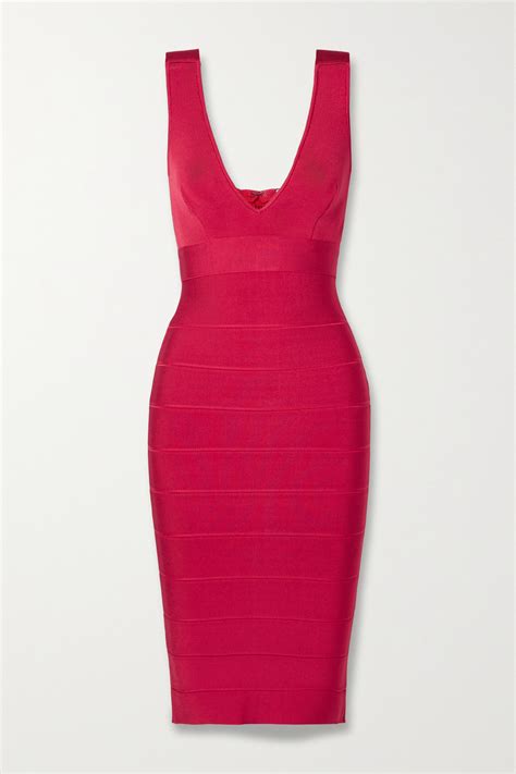 Herve Leger Deep V Neck Recycled Icon Midi Dress In Lipstick Red Modesens