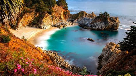 Pacific Ocean Big Sur California Beach Mcway Falls Sunset 4k Pics