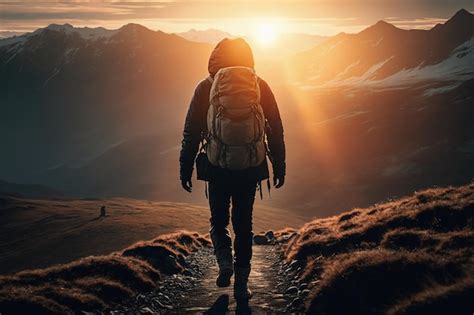 Una Persona Caminando Por Un Sendero De Montaña Con Una Puesta De Sol