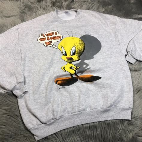 Vintage 90s Tweety Bird Looney Tunes Puddy Tat Crew Neck Gray Sweater 8999 Picclick