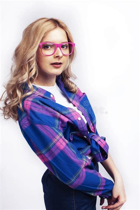 Young Pretty Blond Teenage Hipster Girl In Glasses Posing Emotional Happy Smiling Gesturing