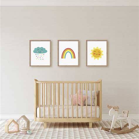 Nursery Wall Art Set Of 3 Cloud Rainbow Sun Nursery Print Neutral
