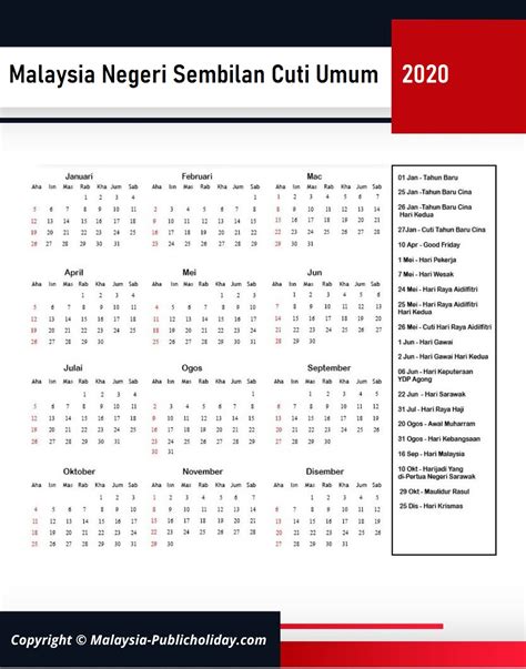 Kalendar 2021 (kalendar kuda) senarai cuti umum di malaysia dan setiap negeri mengikut cuti hari kelepasan am negeri dan persekutuan dan takwim cuti sekolah kementerian pendidikan malaysia. Negeri sembilan Cuti Umum Kalendar 2020