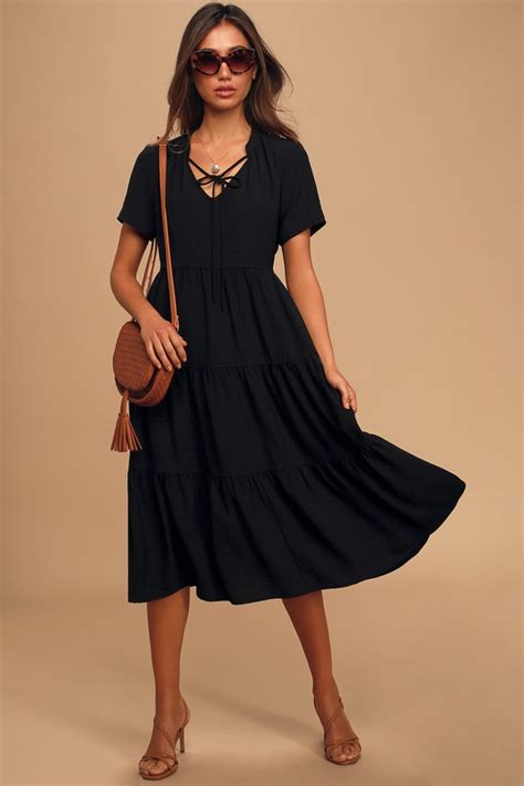 Cute Black Midi Dress Short Sleeve Midi Dress Tiered Dress Lulus