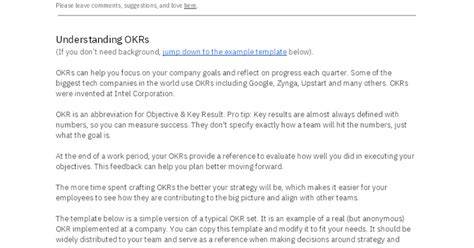 The template enables you to plan. Startup OKRs Template - Google Docs