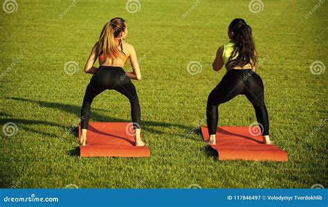 Sensual Woman Body Activity Woman Training On Green Grass Summer