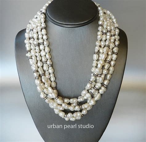 Multi Strand Baroque Pearl Necklace Black And White Layered