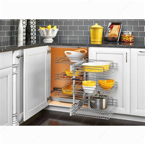 This perception often sees blind corner cabinets overlooked in kitchen designs…but if you use your blind corner cabinets wisely and pair them with the appropriate accessories you might just have a genius combination on your hands. Three Tier Blind Corner Optimizer - Richelieu Hardware