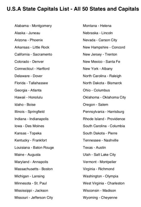 State Capitals List Usa Printable 50 States And Capitals List