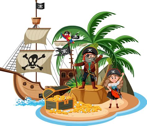 Barco Pirata En La Isla Con Piratas Personaje De Dibujos Animados Aislado Sobre Fondo Blanco