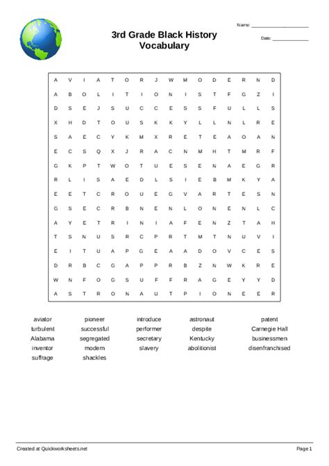 3rd Grade Black History Vocabulary Wordsearch Quickworksheets