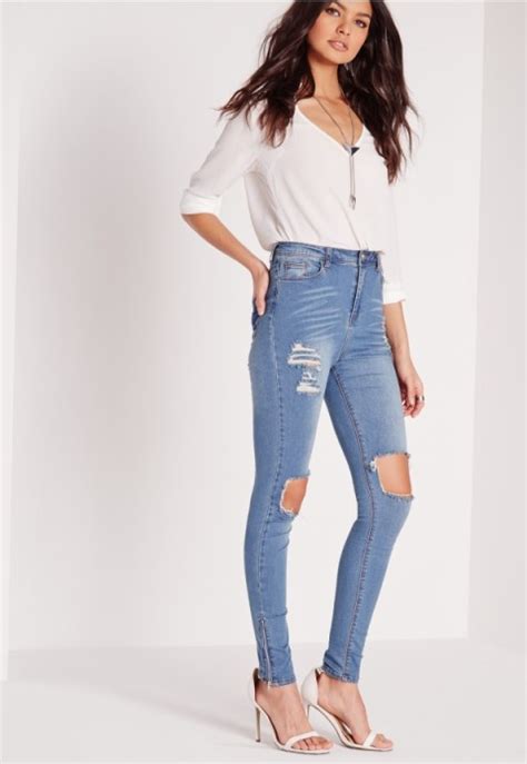 Missguided Sinner High Waisted Busted Knee Skinny Jeans Dusty Vintage Distressed Denim Light