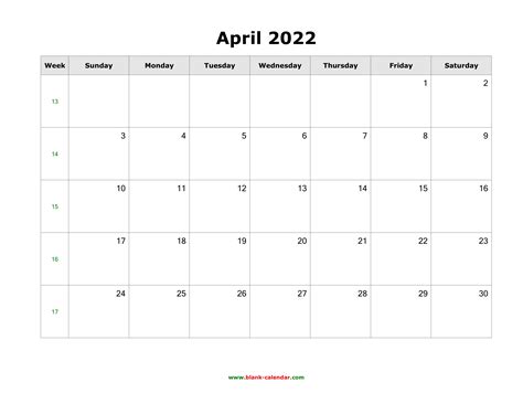 Blank April 2022 Calendar 
