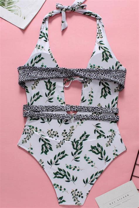 Knotted Front Leaf Plunged V Neck Halter One Piece Swimsuit Fabzop