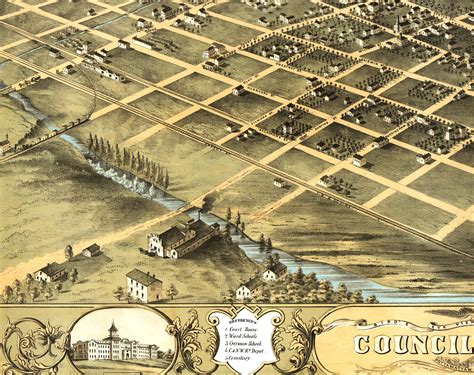 Council Bluffs Iowa In 1868 Birds Eye View Aerial Map Panorama