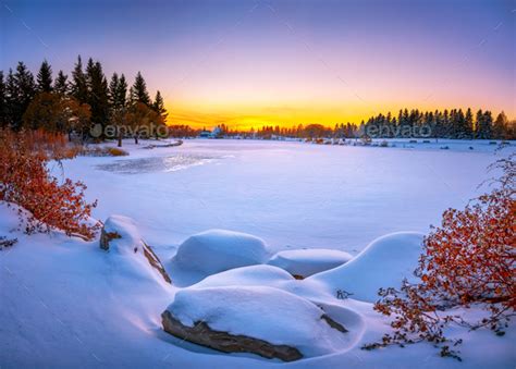Vibrant Winter Landscape Frozen Lake Stock Photo By Voimages Photodune