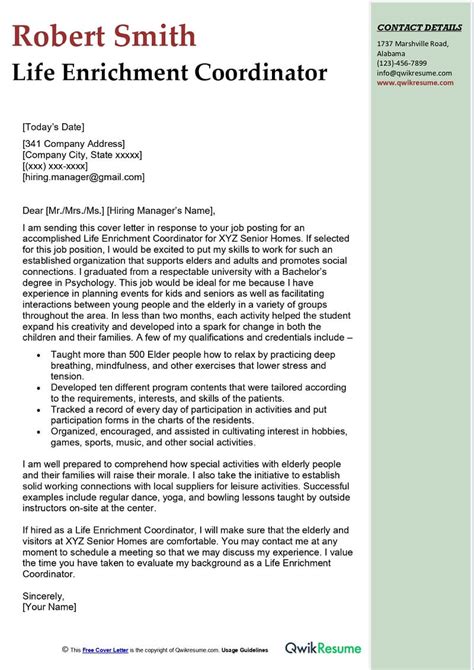 Life Enrichment Coordinator Cover Letter Examples Qwikresume