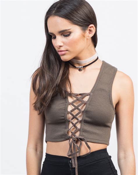 Open Lace Up Cropped Tank Ribbed Lace Up Crop Tank Top 2020ave