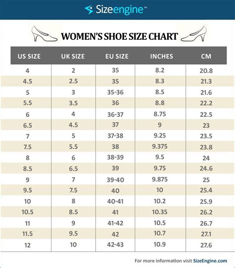 Women Shoe Size Chart Us To Uk And Eu Conversion Guide Sizeengine
