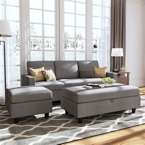 Honbay Grey Sectional Couch With Ottoman Convertible L Shaped Chaise