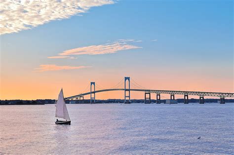 Newport Bridge Twilight Sunset With Sailboat Rhode Island Usa