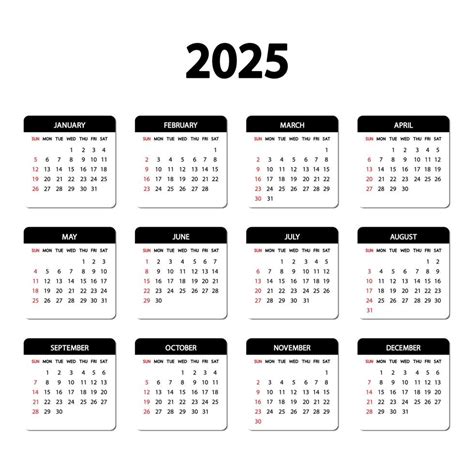 Calendar 2025 Year The Week Starts Sunday Annual English Calendar