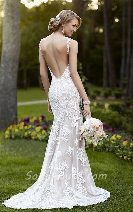Fitted Mermaid Backless Champagne Satin Ivory Lace Wedding Dress With