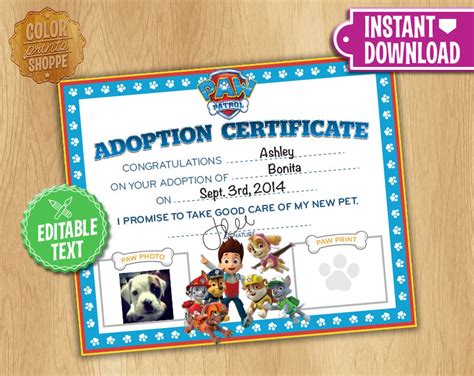 Paw Patrol Adoption Certificate Instant Download Custom Etsy