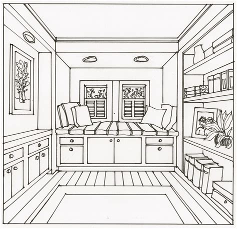 One Point Perspective Window Seat Space Room Perspective Drawing