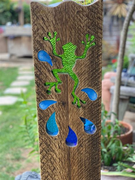 Frog Garden Sculpture Stained Glass Reclaimed Wood Art Etsy
