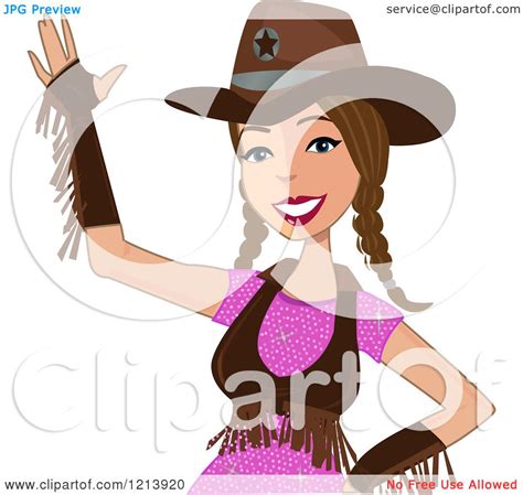 Cartoon Of A Friendly Waving Brunette Cowgirl With Braids Royalty Free Vector Clipart By