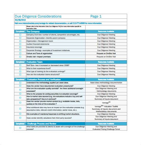 Due Diligence Checklist Template Free