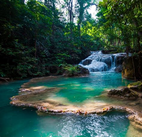 Beautiful Waterfall Deep Forest Waterfall Stock Photo