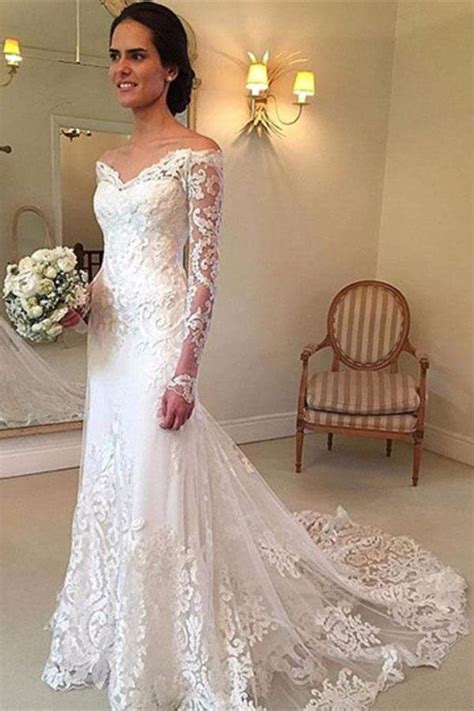 White Long Sleeves Off The Shoulder Mermaid Lace Beach Wedding Dress
