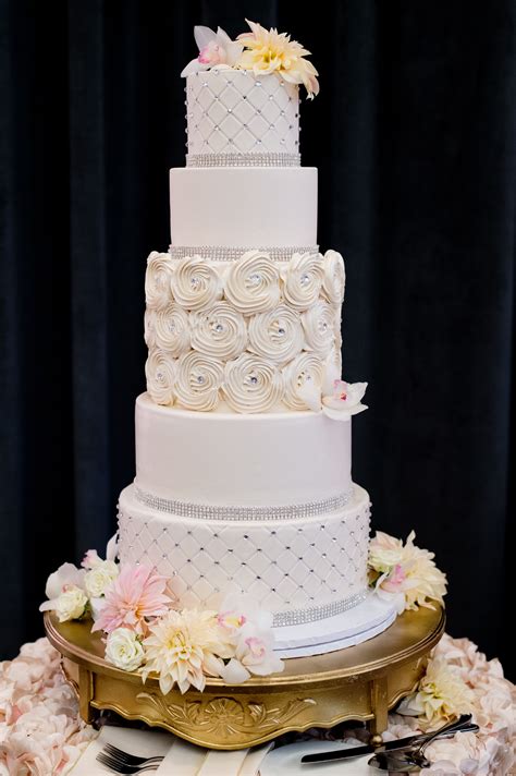 Five Tier Wedding Cake With Iced Rose Detailing