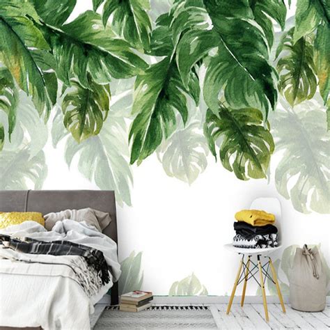 Tropical Rainforest Banana Leaves Green Leaf Wallpaper Wall Etsy