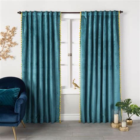 95x54 Velvet Curtain Panel With Yellow Tassels Teal Green Opalhouse